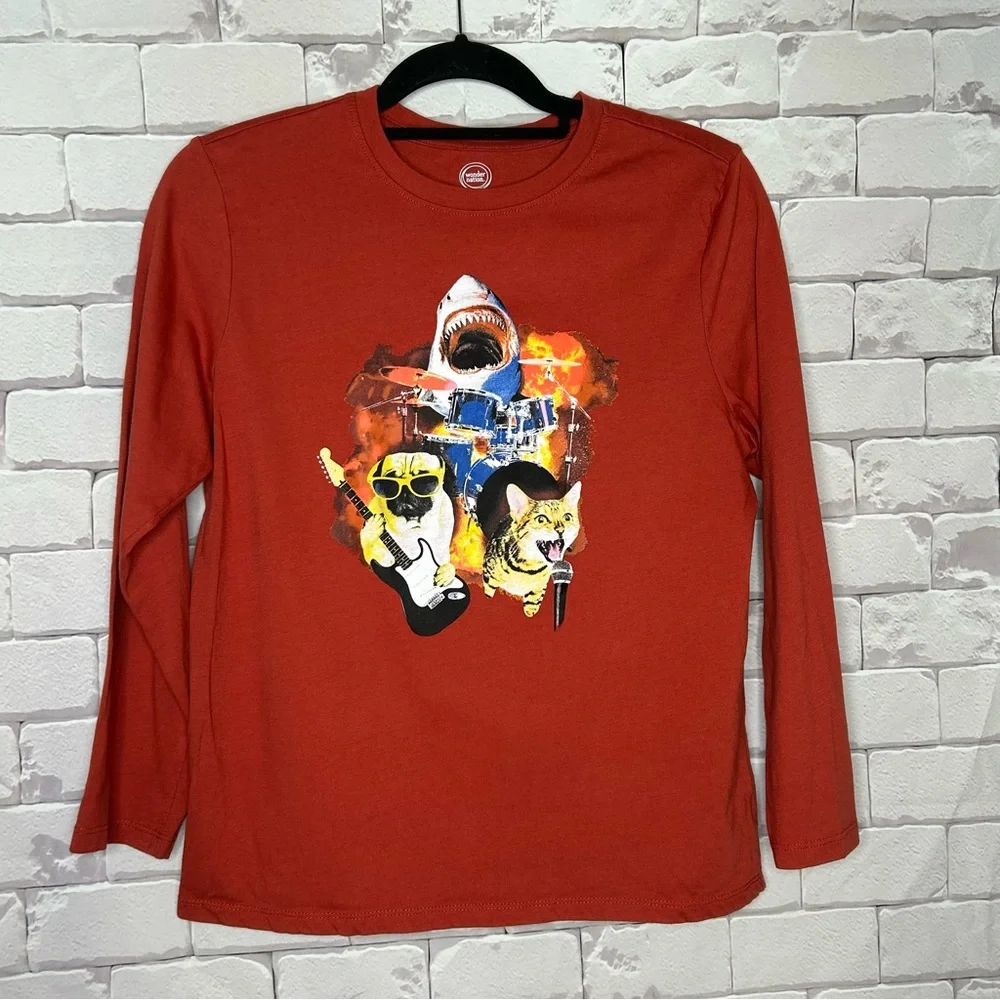 Wonder Nation Boys Orange Shark, Cat, Dog Band Long Sleeve Tee Shirt Size XL